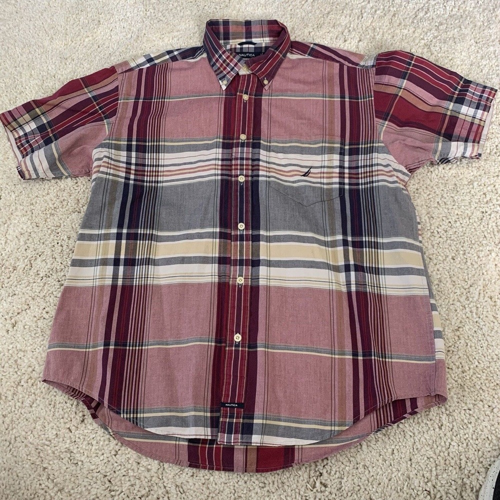 Nautica Mens L Madras Shirt Button Front Short Sleeve Lightweight Cotton Plaid
